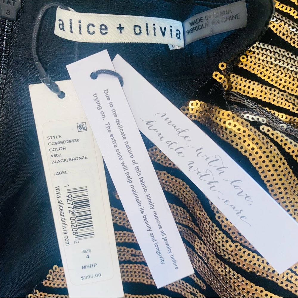 Alice & Olivia Gold Bronze Sequin Stripe Velvet Inka Evening Mini Dress - Picture 14 of 16